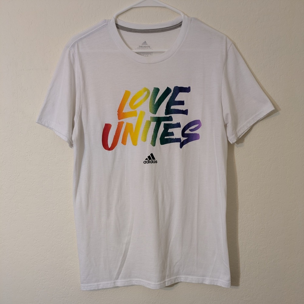 Adidas Love Unites T-Shirt Mens Sz M White Rainbow Pride Tee